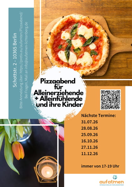 Pizzaabend für Alleinerziehende Termine 31.07.26, 28.08.26, 25.09.26, 16.10.26, 27.11.26, 11.12.26 17 bis 19 Uhr im aufatmen