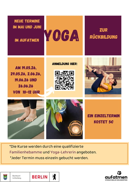 Es gibt neue Termine für Yoga zur Rückbildung. 19.05, 29.05, 2.06, 19.06 und 26.06, jeweils 10-12 Uhr. Wenn auf dne Flyer geklickt wird, wird man auf die Buchungsseite weiter geleitet. Der Kurs kostet pro Termin 5 Euro.