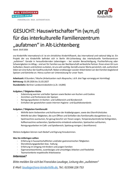 Es gibt ein Stellenangebot f&uuml;r einen Minijob im Bereich Hauswirtschaft an drei Vormittagen. Bei Interesse bitte melden: laudage@ora-kinderhilfe.de