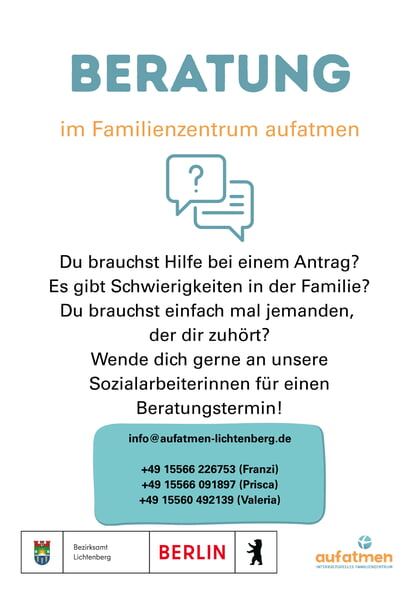 Beratungsangebot im Familienzentrum aufatmen auf Anfrage