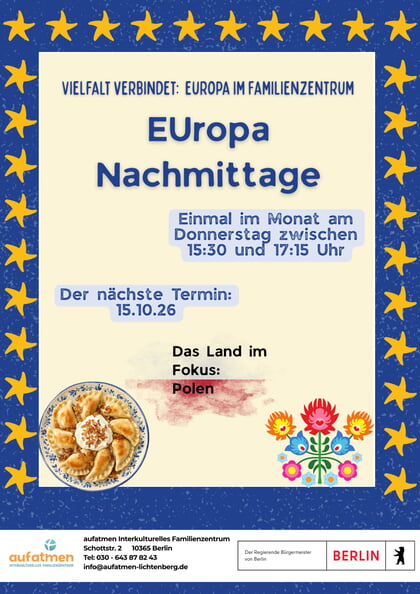 Am 15.10.26 findet ein Europanachmittag zum Thema Polen statt, von 15:30-17:15