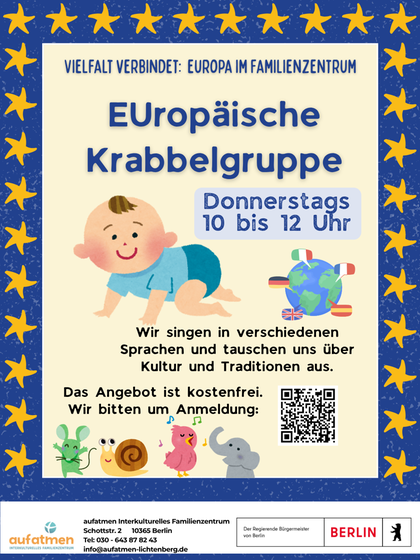 Im Projekt: Vielfalt verbindet: EUropa im Familienzentrum. Die Europ&auml;ische Krabbelgruppe findet Donnerstags von 10:00- 12:00 Uhr im aufatmen statt. Eine Anmeldung ist erforderlich. Bitte klicke auf das Bild, dann wirst du zur Anmeldung weitergeleitet.