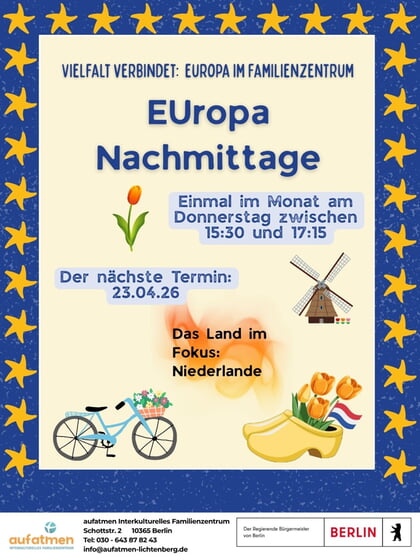 Am 23.04.2026 findet von 15:30-17:15 ein Europanachmittag im interkulturellen Familienzentrum aufatmen in Lichtenberg statt. Das Angebot ist ohne Anmeldung. Das Land im Fokus ist diesmal die Niederlande. Komm vorbei zu Basteln, Geschichte und Spielen